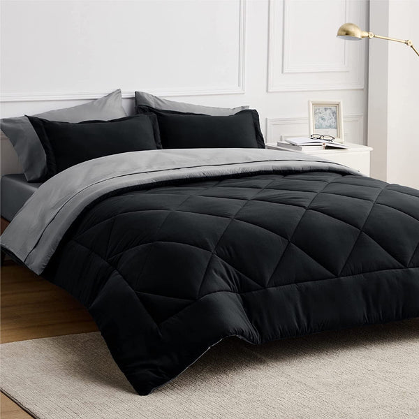 Downcool Queen Size 7 Piece Comforter Set, Bed in a Bag, Hotel Bedding Sets, Adult, Unisex, Black/Gray