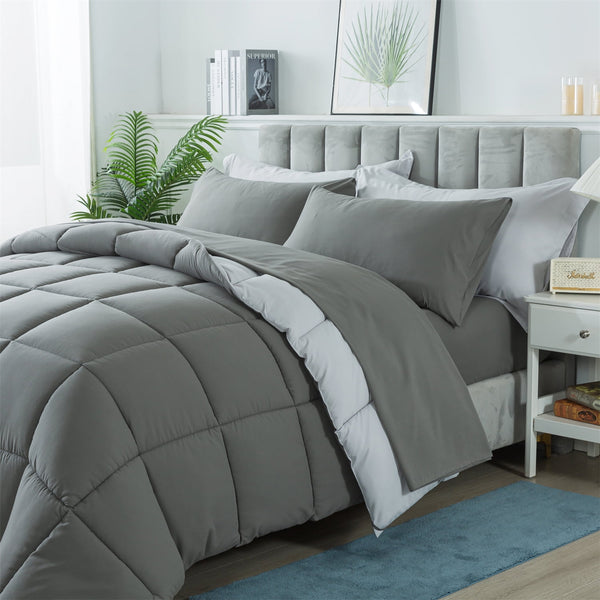 Downcool King Size 7 Piece Comforter Set, Bed in a Bag, Hotel Bedding Sets, Adult, Unisex, Gray/Light Gray